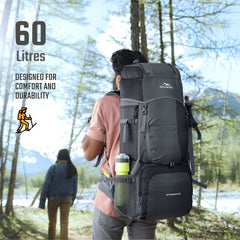 Stonex 60 L Backpack with Ergonomic Shoulder Straps & Lightweight Build, for men & women - Black