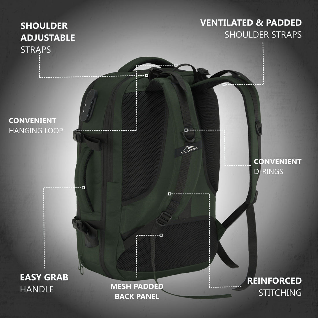 TPB01- 45L Laptop Bag  with Anti-Theft Lock, Expandable Storage, USB Charging, Suitcase-Style Opening - Huntre green