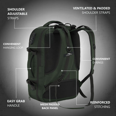 TPB01- 45L Laptop Bag  with Anti-Theft Lock, Expandable Storage, USB Charging, Suitcase-Style Opening - Huntre green