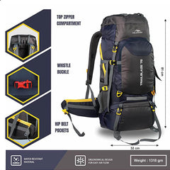Trailblaze 75 L Trekking Bag with Rain Cover & Durable Zippers - NavyBlue (Clearance Sale)