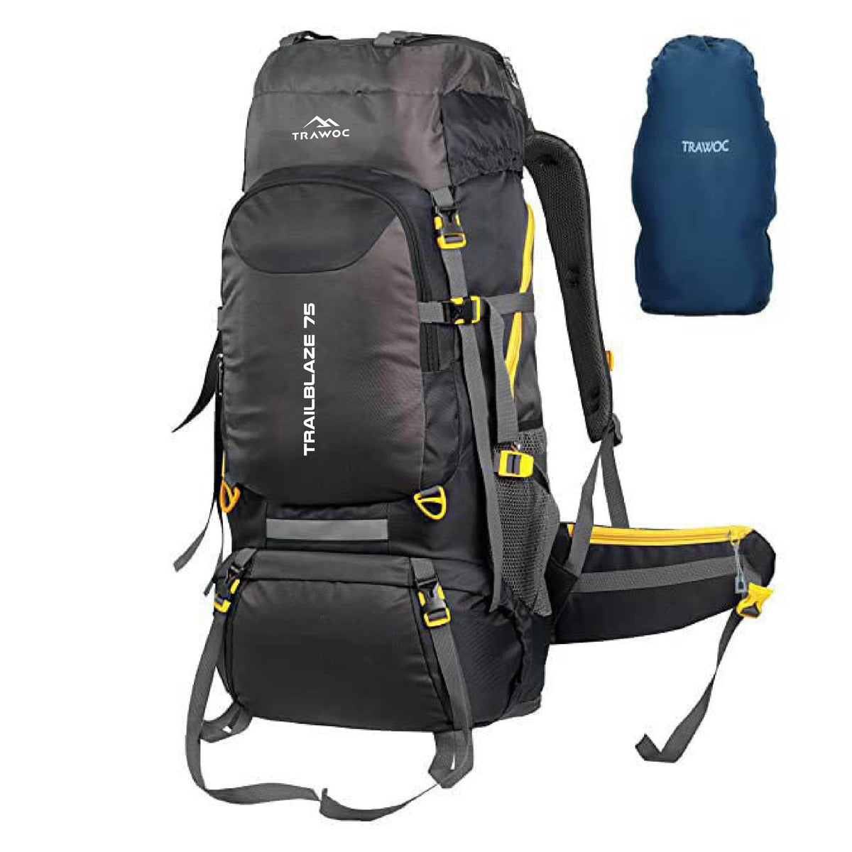 Trailblaze 75 L Trekking Bag with Rain Cover & Durable Zippers-Black (Clearance Sale)