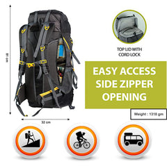 Trailblaze 75 L Trekking Bag with Rain Cover & Durable Zippers-Black (Clearance Sale)