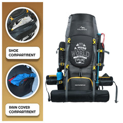 Wayfarer 80L Travel Backpack with Water-Resistant Fabric & Laptop Compartment – Grey