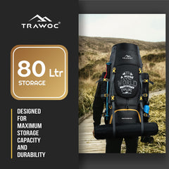 Wayfarer 80L Travel Backpack with Water-Resistant Fabric & Laptop Compartment – Grey