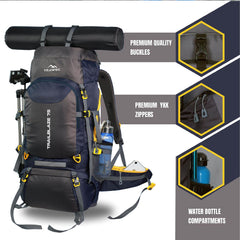 Trailblaze 75 L Trekking Bag with Rain Cover & Durable Zippers - NavyBlue (Clearance Sale)