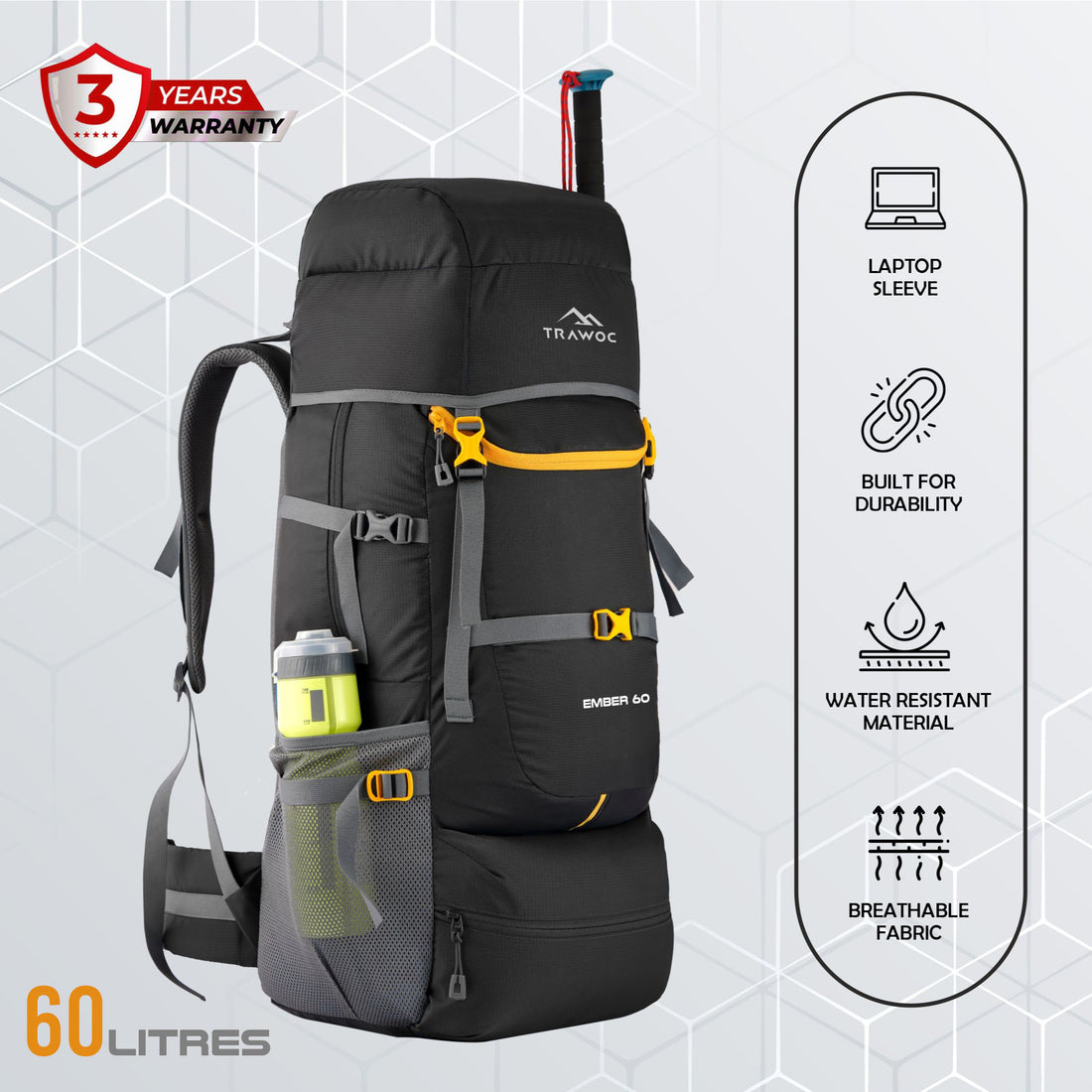 EMBER 60 L Travel Backpack Hiking Trekking Bag for Men & Women - Black