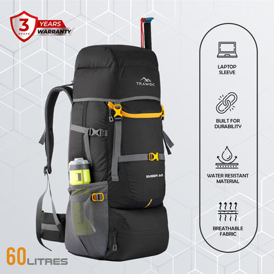 EMBER 60 L Travel Backpack Hiking Trekking Bag for Men & Women - Black