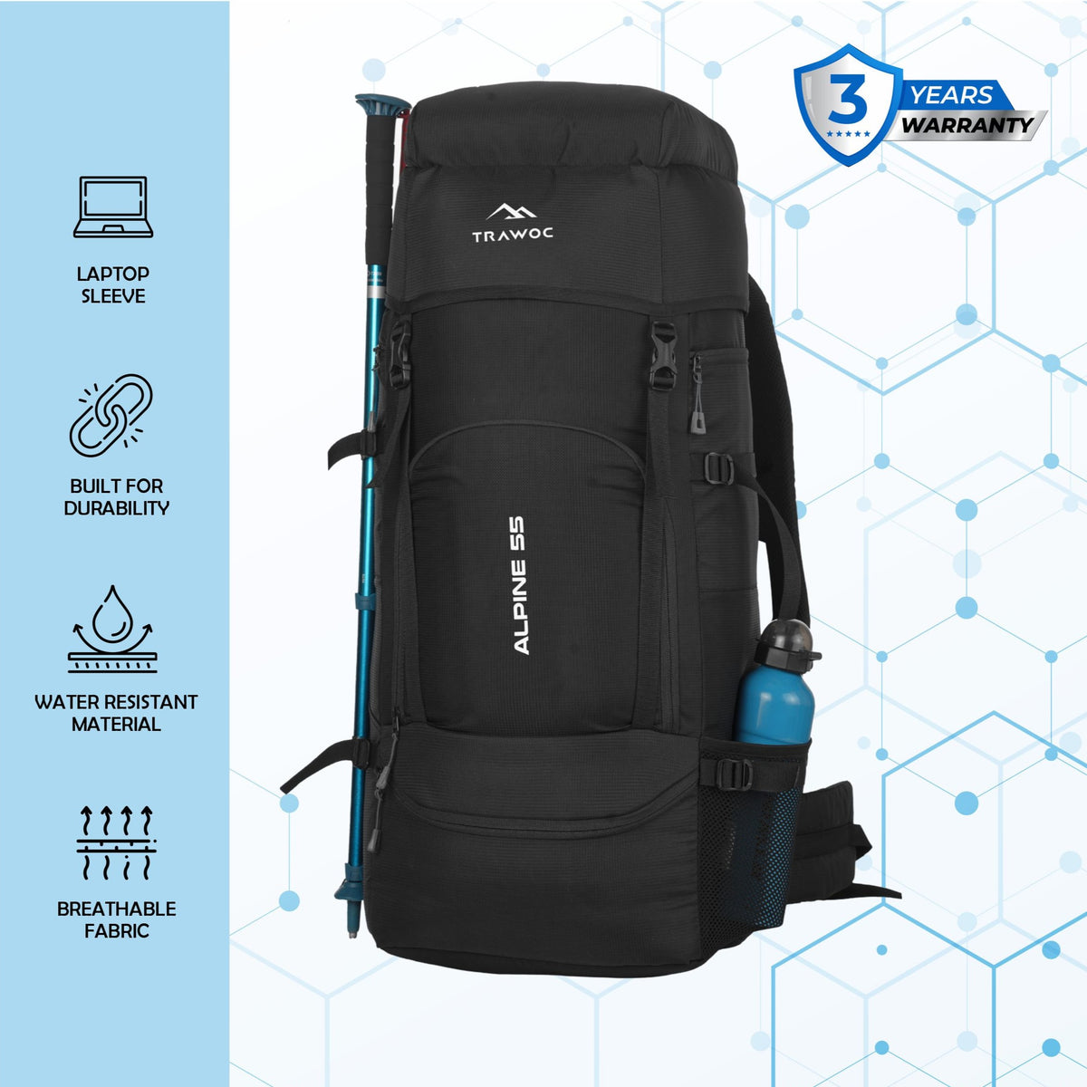 ALPINE 55L Travel Backpack Front & Top Loading Bag for Men & Women - Black