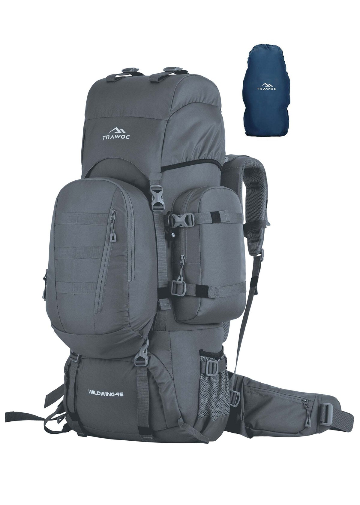 Wildwing 95L (80+15)  Bag for Hiking & Travel with Shoe Compartment & Water-Resistant-grey