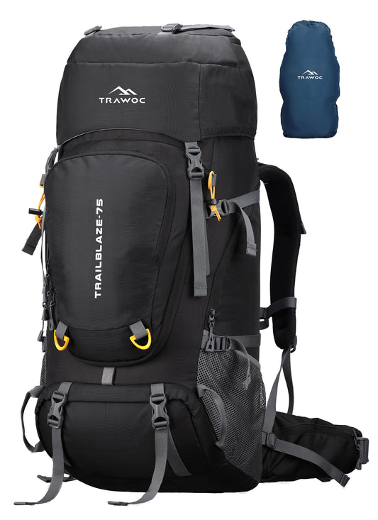 Trailblaze 75 L Trekking Bag with Rain Cover & Durable Zippers-Black