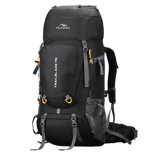 Trailblaze 75 L Trekking Bag with Rain Cover & Durable Zippers-Black