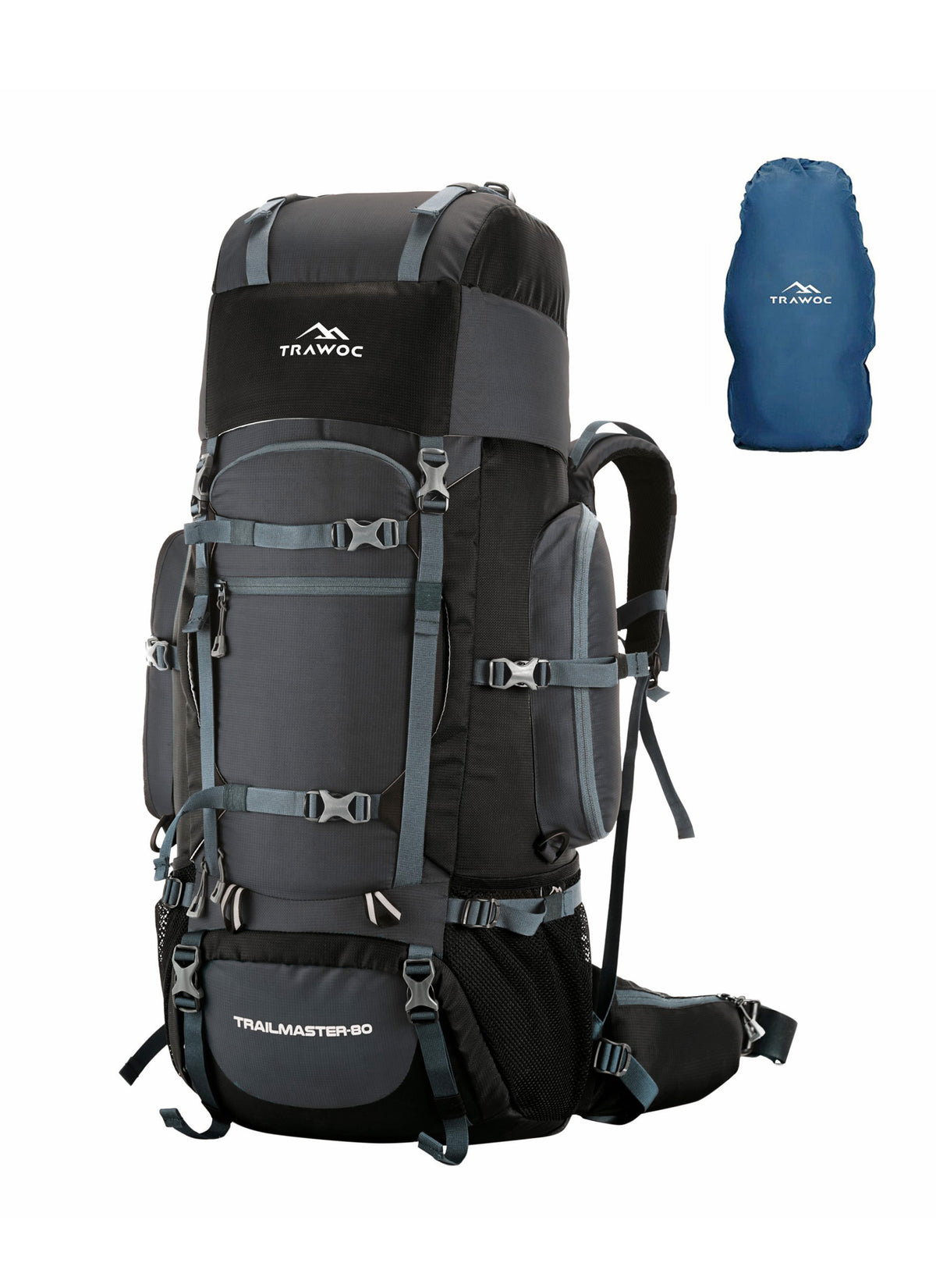 Trailmaster 80L Backpack for Hiking & Travel with Laptop Compartment & Multi-Pocket Design - Grey