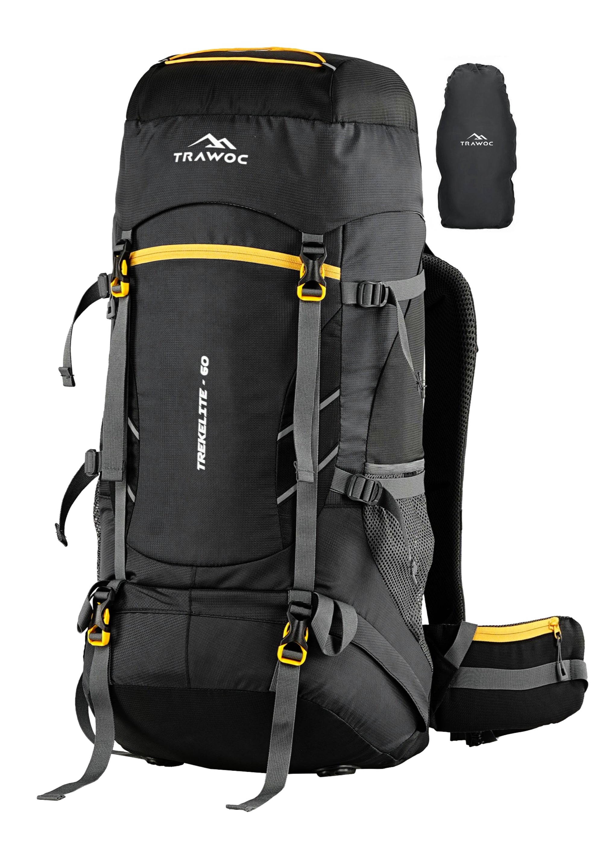 TREKELITE 60L Backpack Hiking Trekking Rucksack with Water Proof Rain Cover - Black