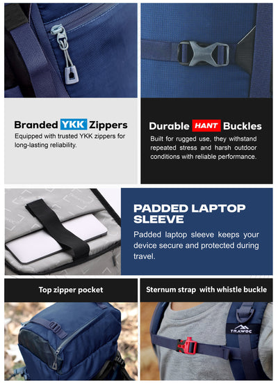 Trailmaster 80L Backpack for Hiking & Travel with Laptop Compartment & Multi-Pocket Design - NavyBlue