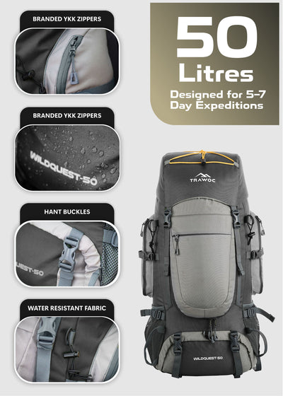 WILDQUEST 50L Travel Backpack  with Laptop Compartment, Rain Cover, Shoe Compartment-grey