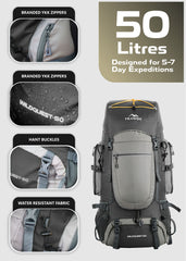 WILDQUEST 50L Travel Backpack  with Laptop Compartment, Rain Cover, Shoe Compartment-grey