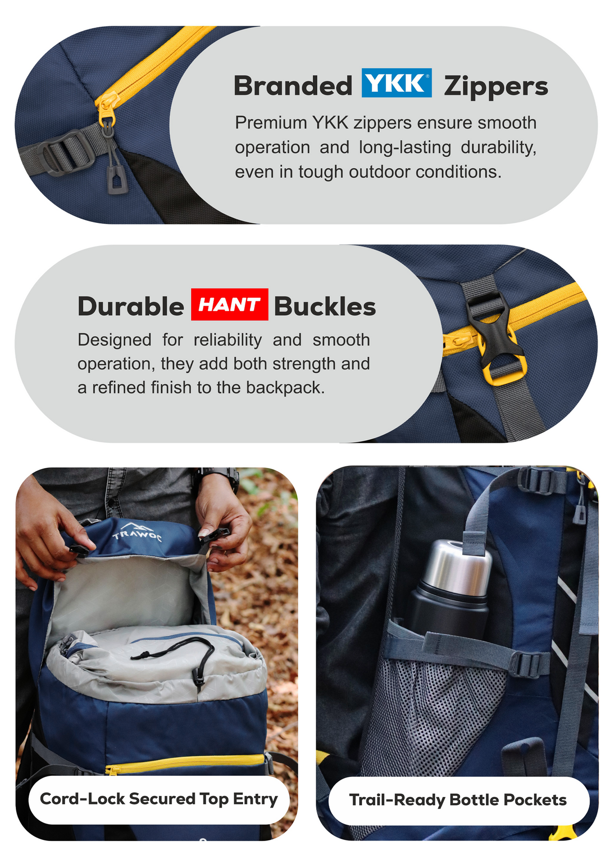 TREKELITE 60L Backpack Hiking Trekking Rucksack with Water Proof Rain Cover - Navy Blue
