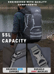 Glide 50 L Backpack featuring  Water-Resistant Fabric & Lightweight with Rain cover– Grey