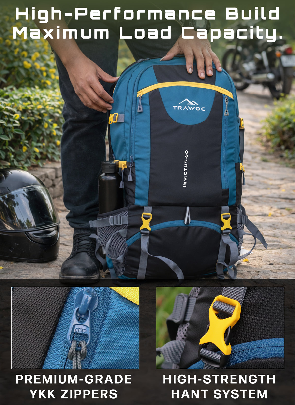 INVICTUS 60L Travel Backpack Hiking Bag for Men & Women with Rain Cover - English Blue