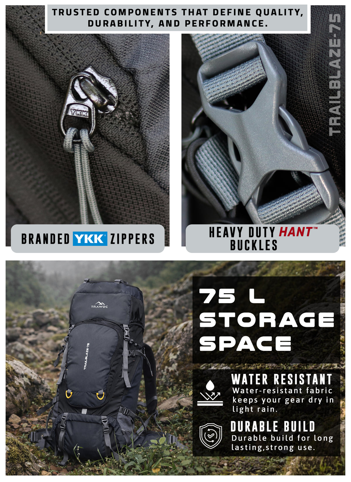 Trailblaze 75 L Trekking Bag with Rain Cover & Durable Zippers-Grey