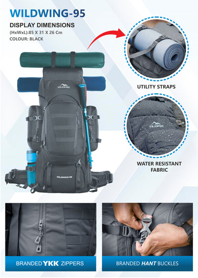 Wildwing 95L (80+15)  Bag for Hiking & Travel with Shoe Compartment & Water-Resistant-grey