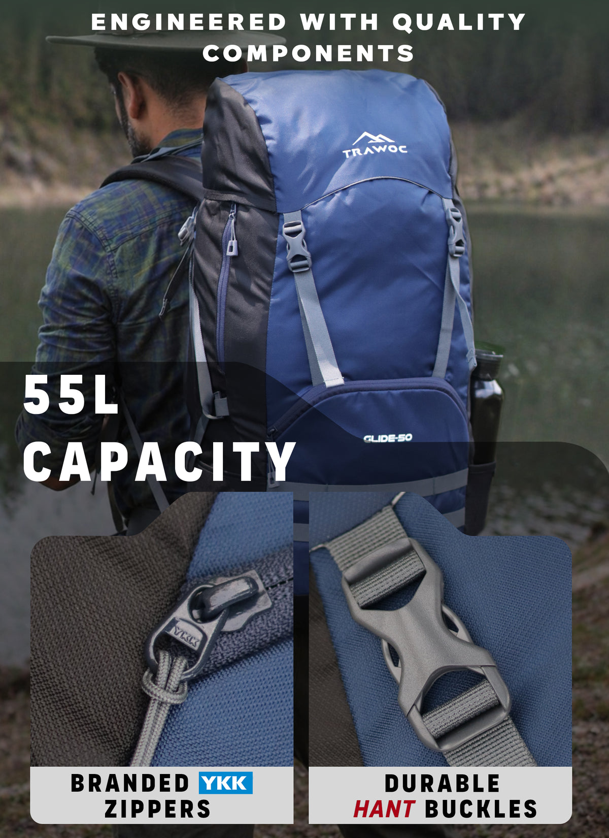 Glide 50 L Backpack featuring  Water-Resistant Fabric & Lightweight with Rain cover – NavyBlue