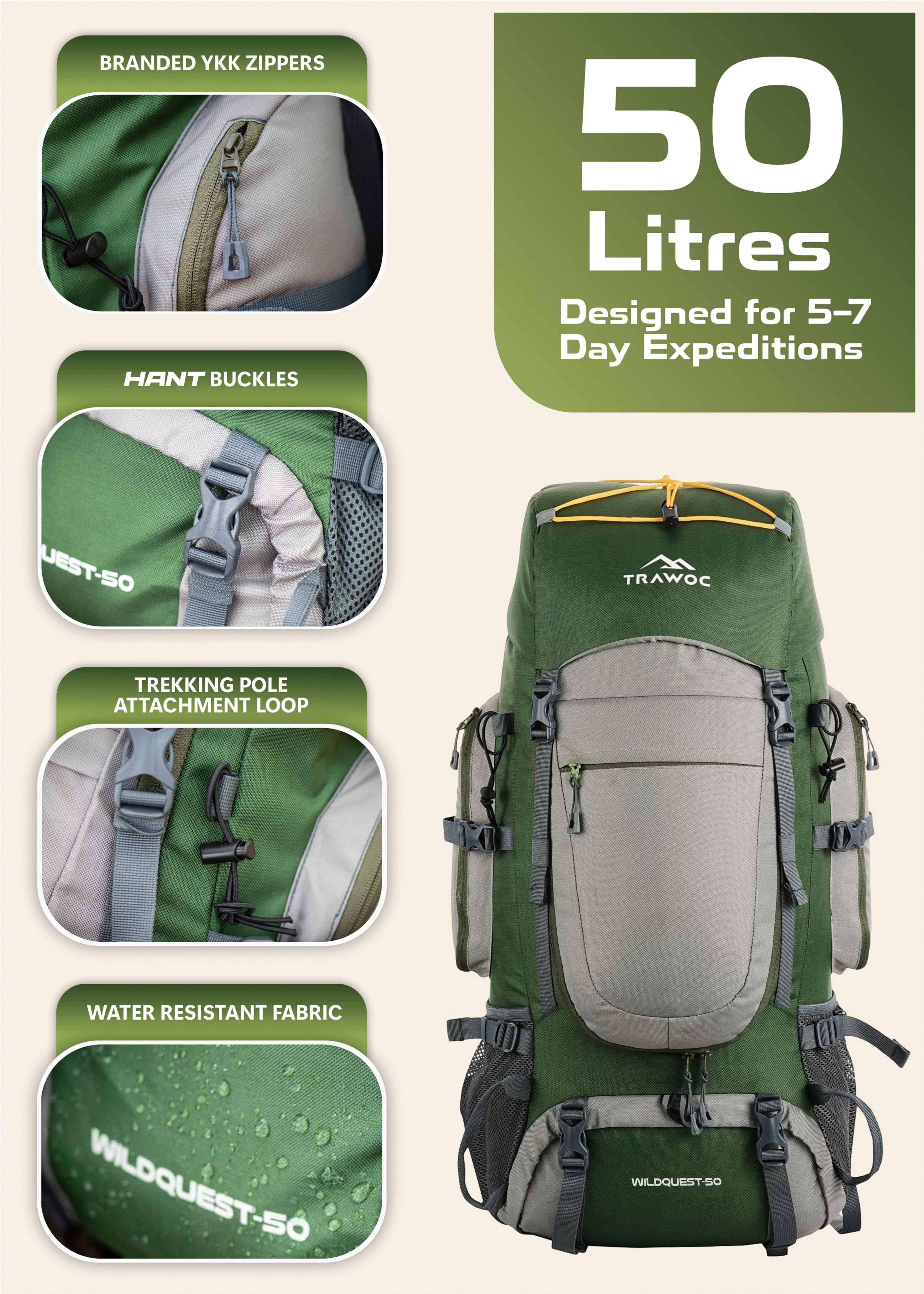 50l travel backpack market research WILDQUEST-50 Rucksack - HUNTER GREEN |50L Capacity, Laptop Compartment, Rain Cover, Shoe Compartment