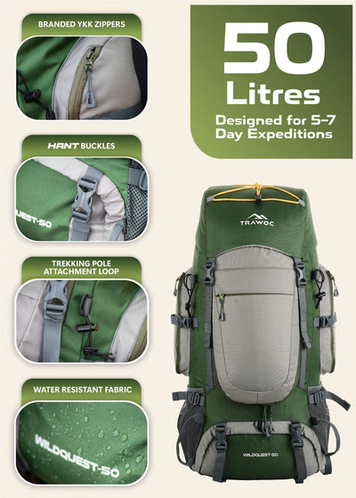 WILDQUEST 50L Travel Backpack  with Laptop Compartment, Rain Cover, Shoe Compartment-green
