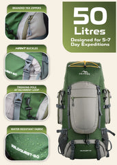 WILDQUEST 50L Travel Backpack  with Laptop Compartment, Rain Cover, Shoe Compartment-green