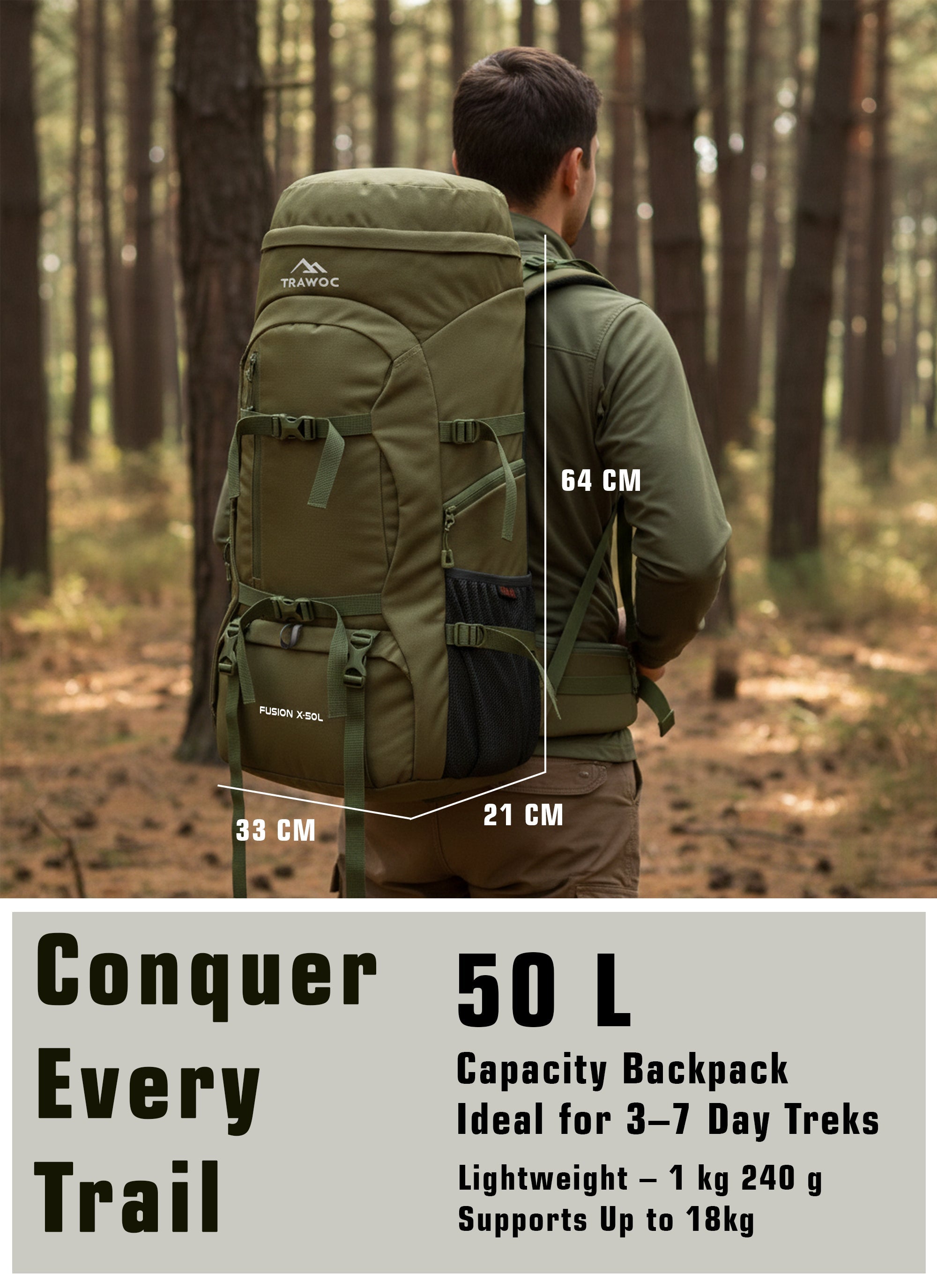 FUSION X 50 L internal frame Bag with Rain Cover and Shoe Compartment - Olive Green