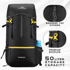Hover 50L Backpack for Men & Women with Multi-Pocket Design & with Lightweight Build - Black