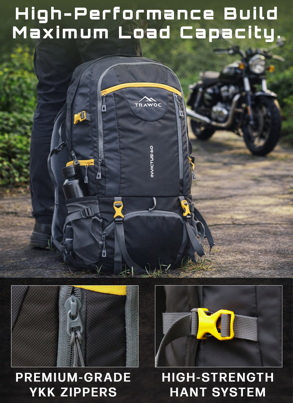 INVICTUS 60L Travel Backpack Hiking  Bag for Men & Women with Rain Cover-Grey