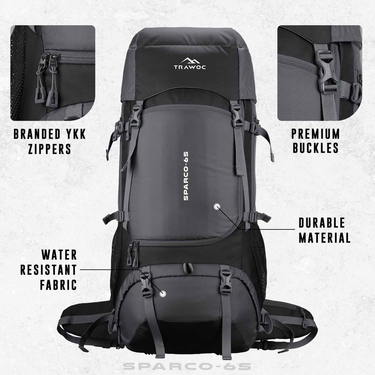 Sparco 65L Travel Backpack featuring with Laptop Compartment & Shoe Compartment – Grey