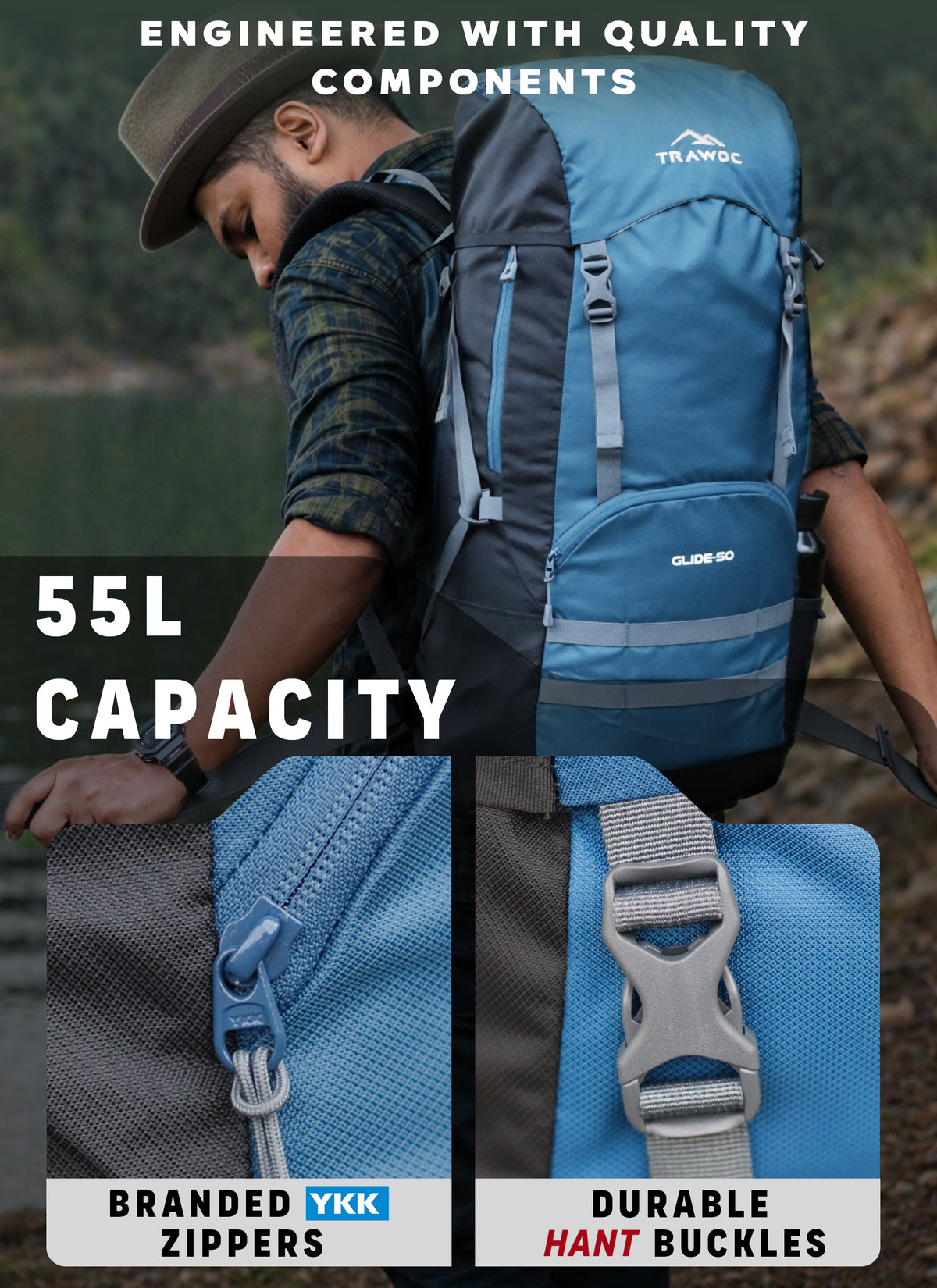 Glide 50 L Backpack featuring Water-Resistant Fabric & Lightweight with Rain cover - English Blue