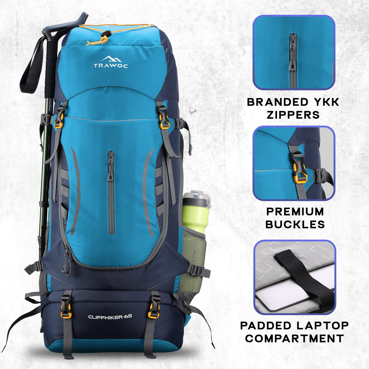Cliffhiker 65 L Rucksack featuring  Durable Zippers &  Laptop Compartment – Skyblue