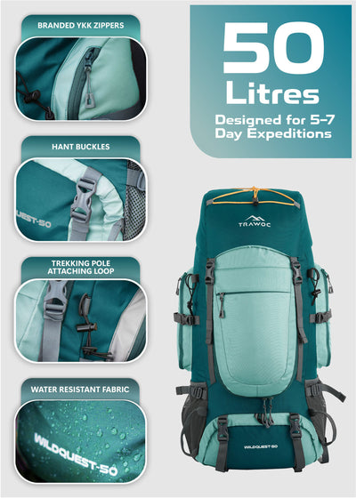 WILDQUEST 50L Travel Backpack  with Laptop Compartment, Rain Cover, Shoe Compartment-Shamrock