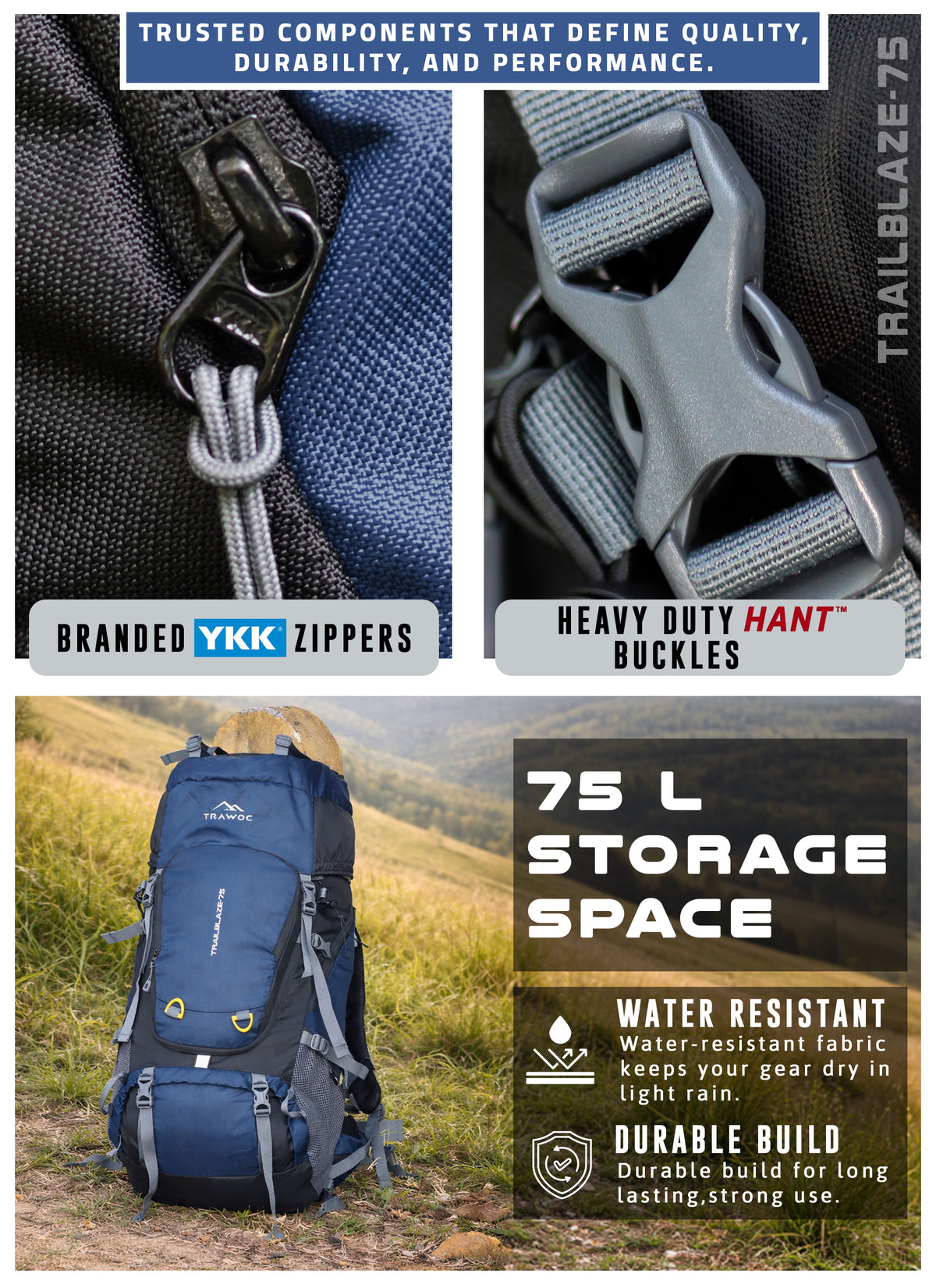 Trailblaze 75 L Trekking Bag with Rain Cover & Durable Zippers - NavyBlue