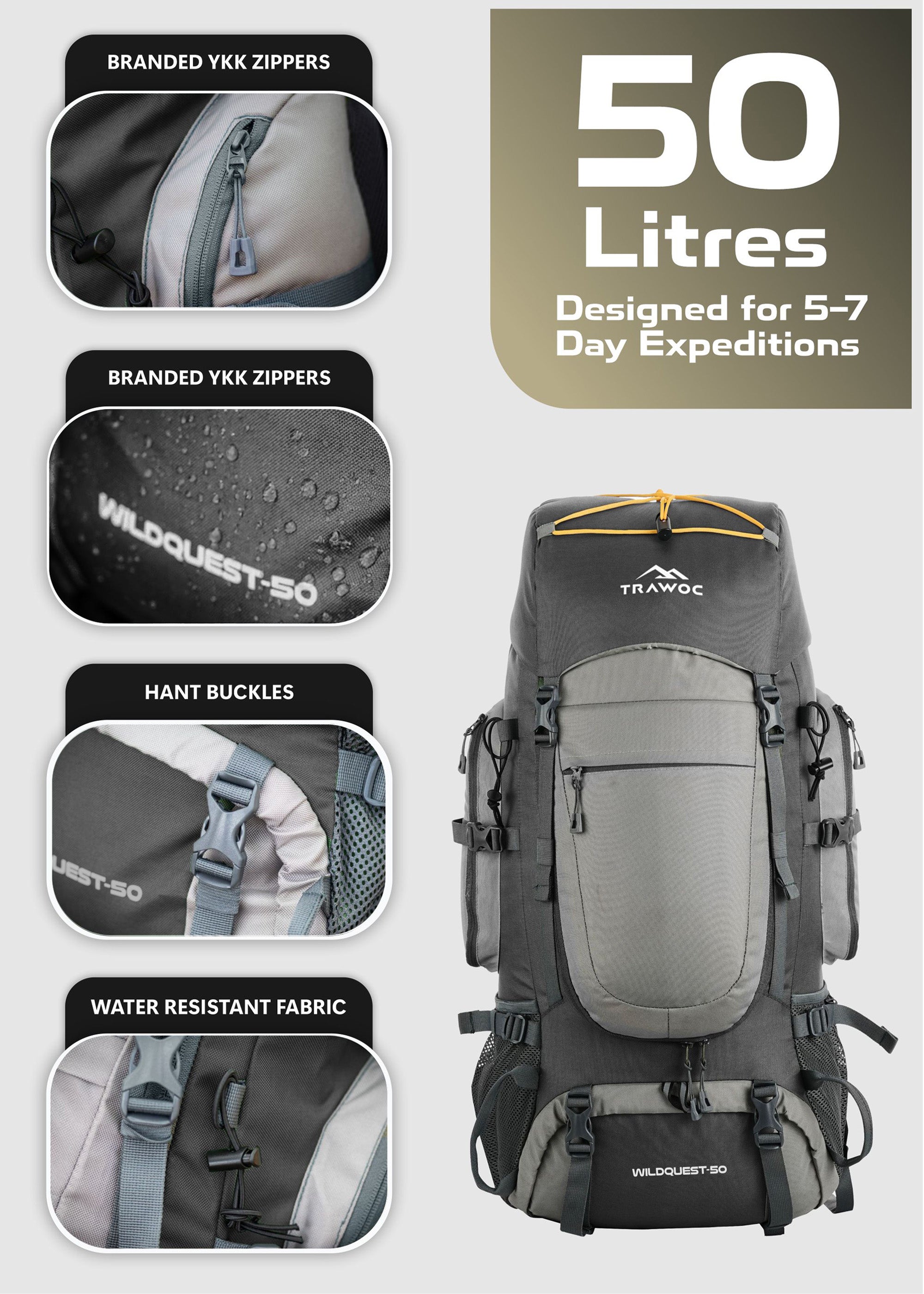 WILDQUEST 50L Travel Backpack with Laptop Compartment, Rain – TRAWOC