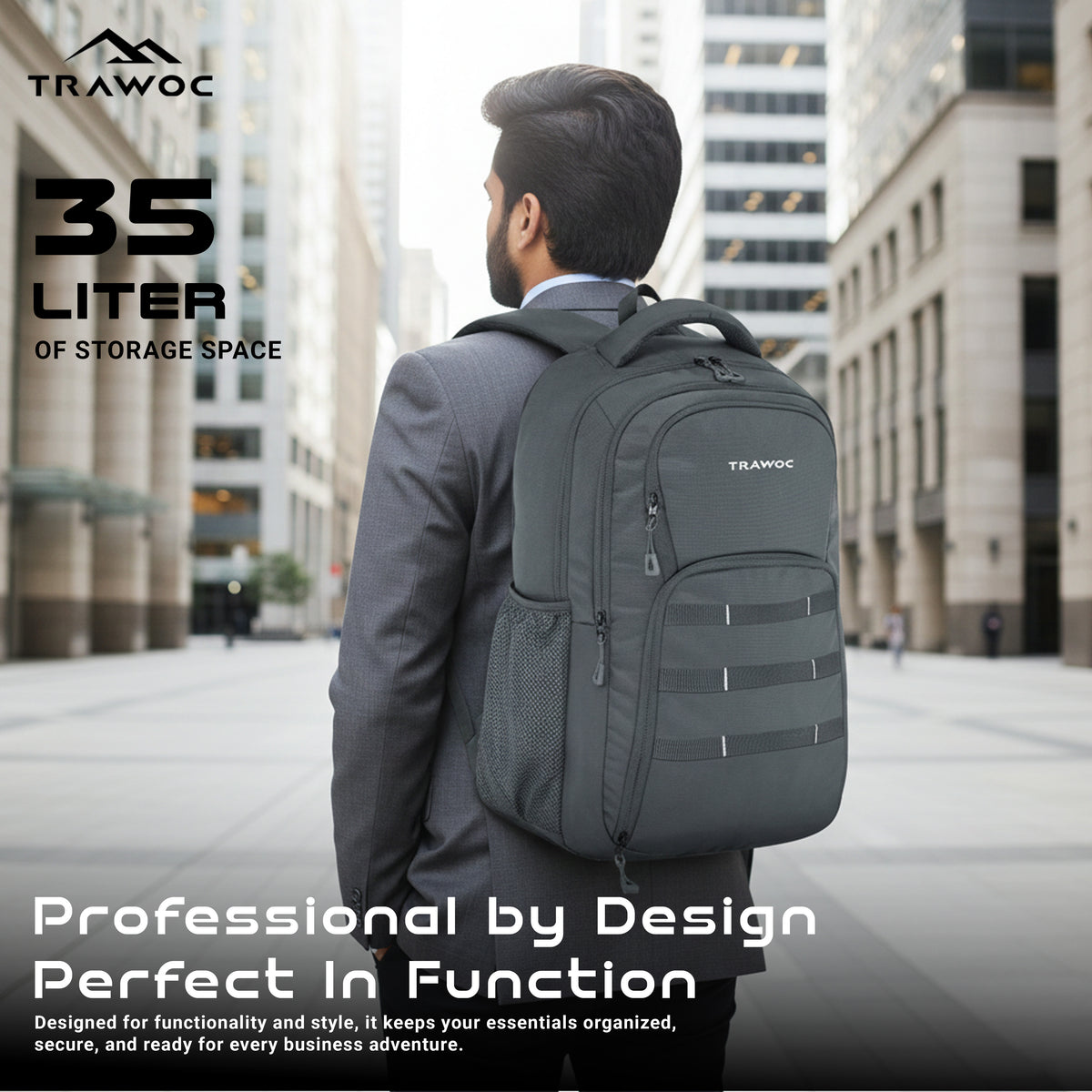 TPB05 - 35L Office & Travel Bag with 16-Inch Padded Laptop Compartment, USB Charging Port - Grey