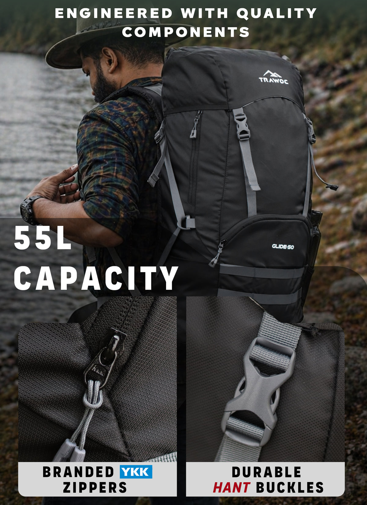 Glide 50 L Backpack featuring  Water-Resistant Fabric & Lightweight with Rain cover – Black