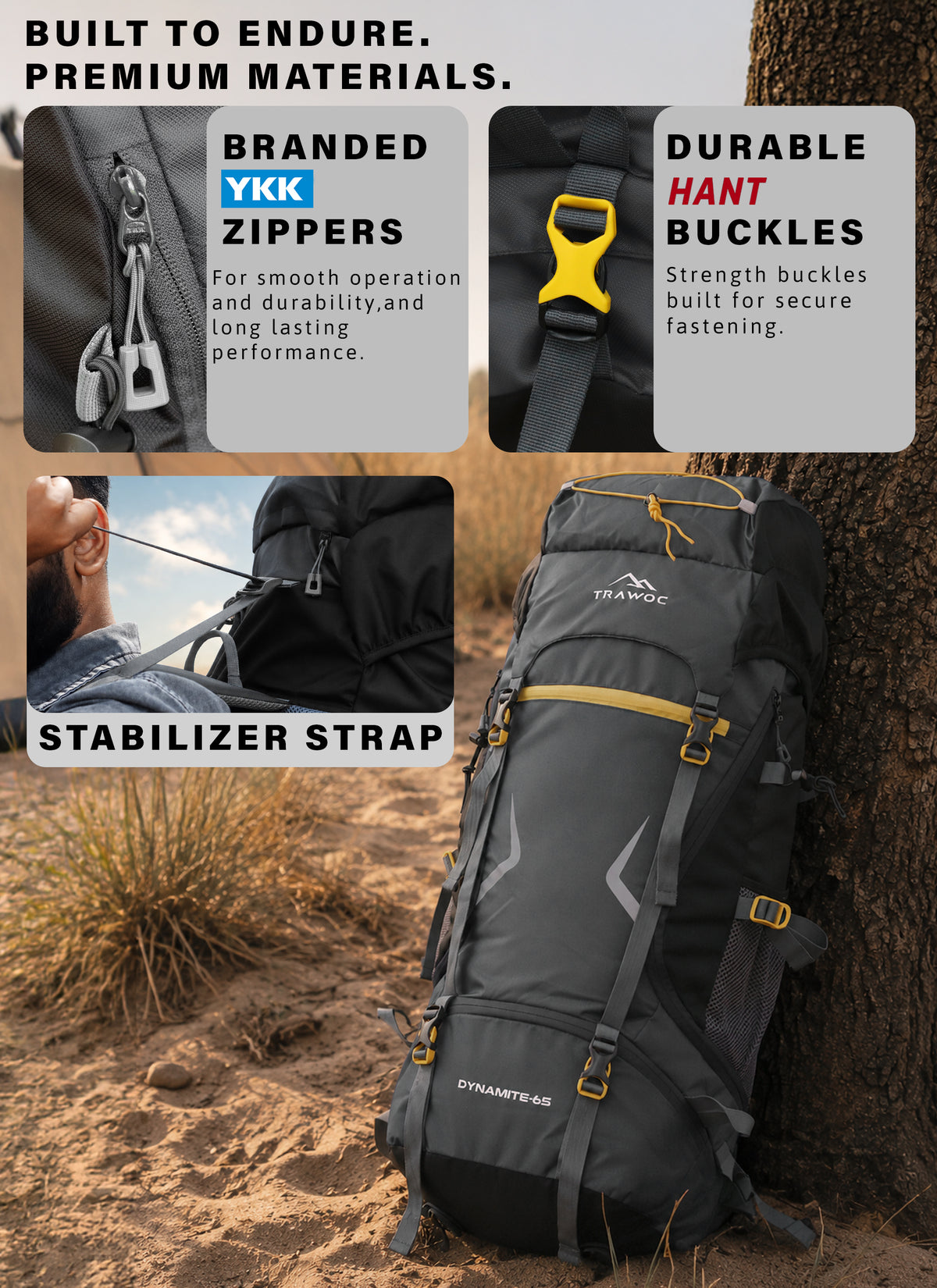 DYNAMITE 65L Travel Backpack with Rain Cover & Shoe Compartment - Grey