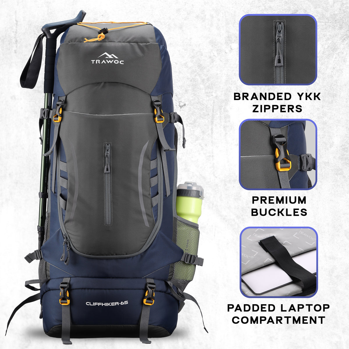 Cliffhiker 65 L Rucksack featuring Durable Zippers &  Laptop Compartment – Grey