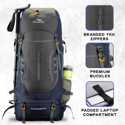 Cliffhiker 65 L Rucksack featuring Durable Zippers &  Laptop Compartment – Grey