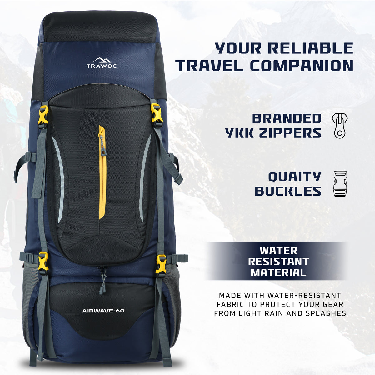 Airwave 60L Travel Backpack with Laptop Compartment & Rain Cover - Black
