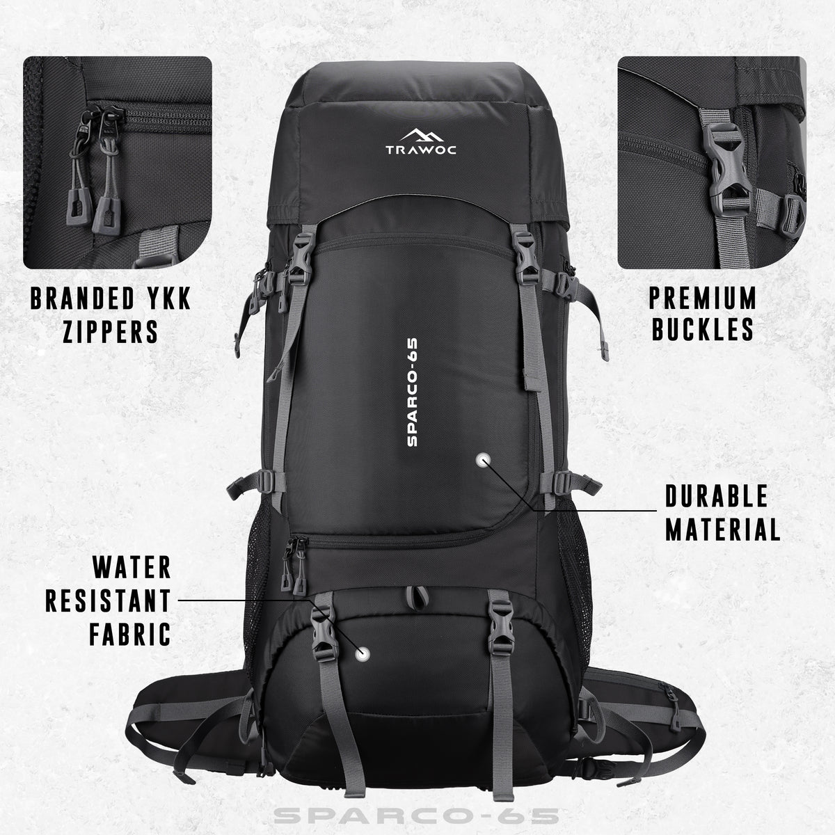 Sparco 65L Travel Backpack featuring with Laptop Compartment & Shoe Compartment - Black