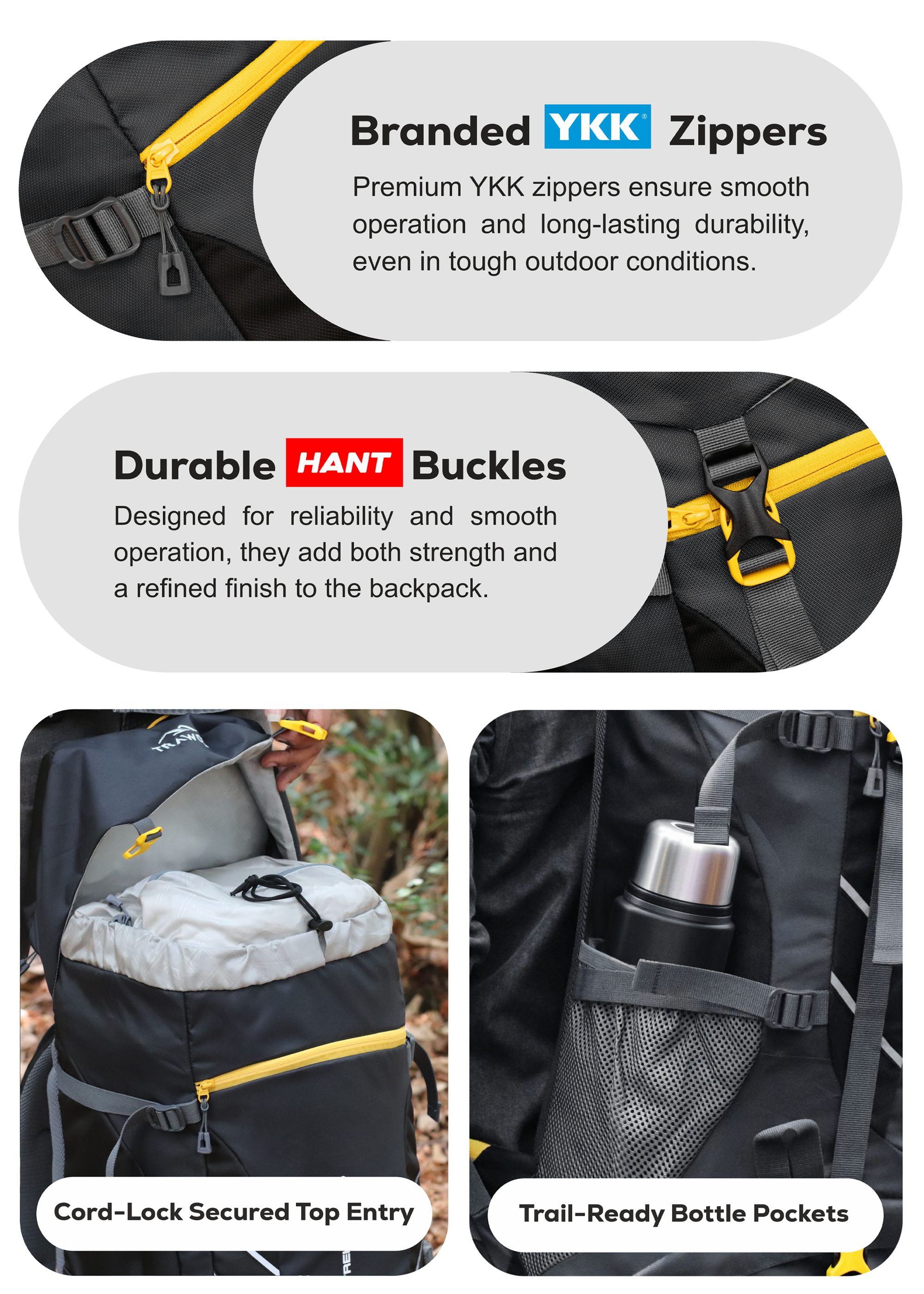 TREKELITE 60L Backpack Hiking Trekking Rucksack with Water Proof Rain Cover - Black