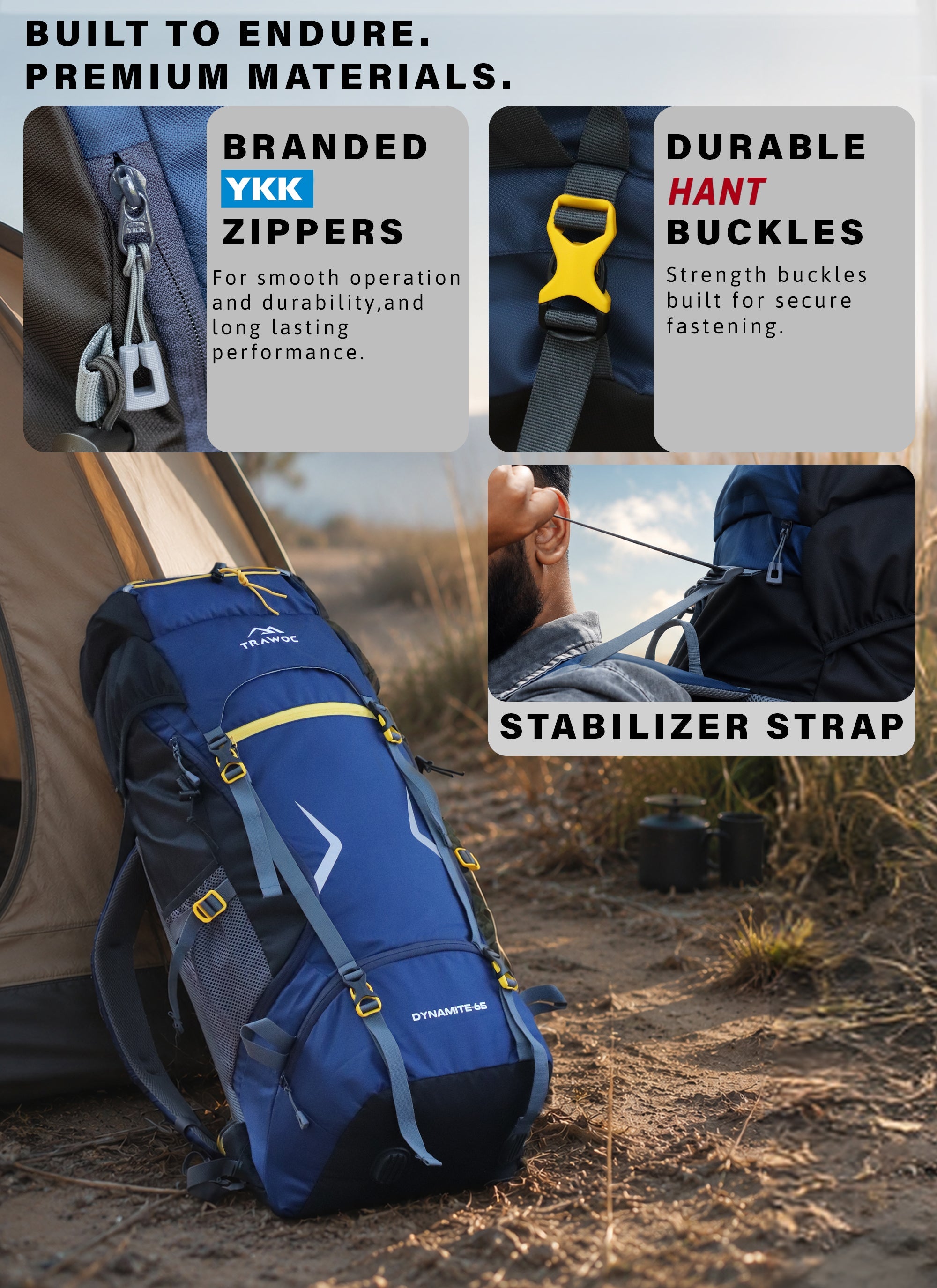 DYNAMITE 65L Travel Backpack with Rain Cover & Shoe Compartment - Navy Blue
