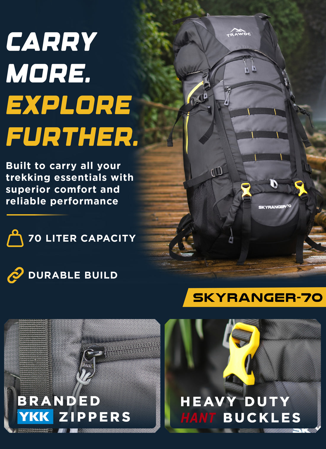 Skyranger 70 L Rucksack for Hiking & Travel with Ergonomic Shoulder Straps & Internal metal frame