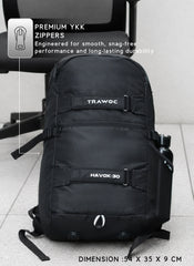 HAVOK 30L Unisex Laptop Backpack Ideal Travelling Casual use - Black