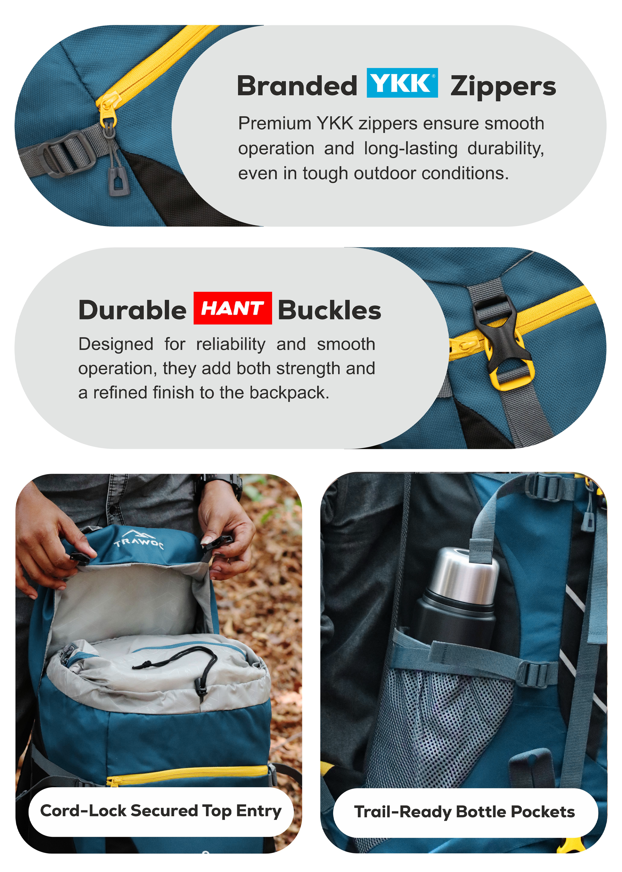 TREKELITE 60L Backpack Hiking Trekking Rucksack with Water Proof Rain Cover - English Blue